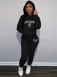 Women's Blessed Letter Print Casual Loose Sweatshirt Set, Womenswear Round Neck Long Sleeve Pullover + Jogger Pants, Comfortable Daily Wear