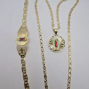 virgin mary set chain 24"inches with bracelet  gold plated three colors 7 ½inches fashion style Gold-Plated Heart perfect date