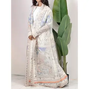Women's Middle Eastern Traditional Abayas Robe, Palace Style Geometric Print Pleated Long Sleeve Cape Coat, Lightweight High-Elasticity Breathable Fabric, Suitable for Ramadan, Eid, Hajj, Festivals, and Daily Wear, Spring Summer Autumn Traditional