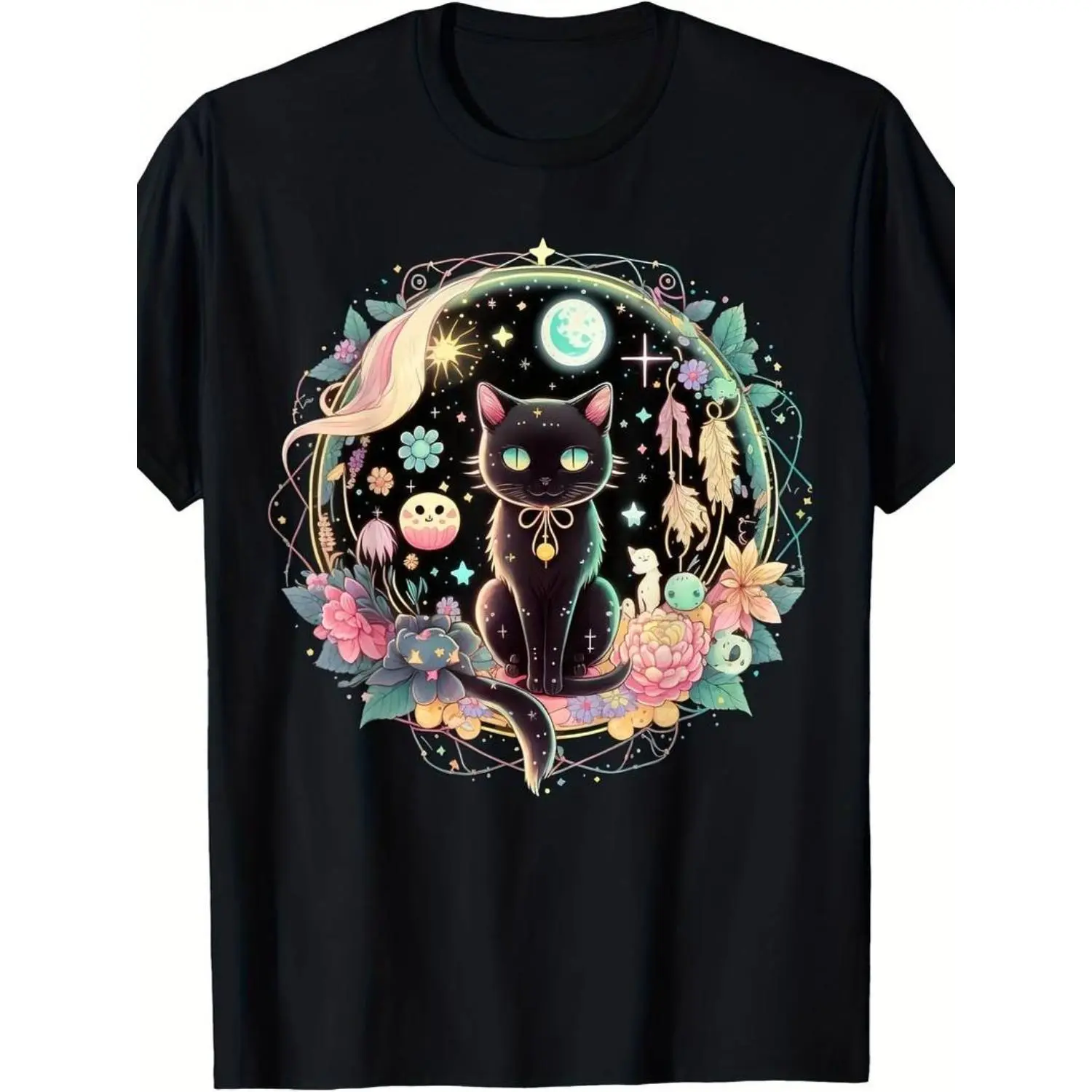 [100% Cotton]  [Kawaii Gothic T-Shirt] Cute Black Cat Kawaii Gothic Moon Phase Crystal Witch T-Shirt
