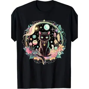 [100% Cotton]  [Kawaii Gothic T-Shirt] Cute Black Cat Kawaii Gothic Moon Phase Crystal Witch T-Shirt