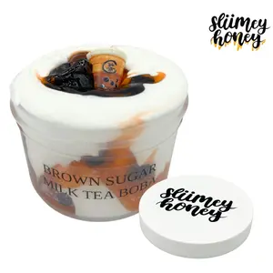 Sliimeyhoney Brown Sugar Milk Tea Boba Scented Glossy Slime - Clicky Texture with Brown Sugar Slime Topper & Boba Pearls