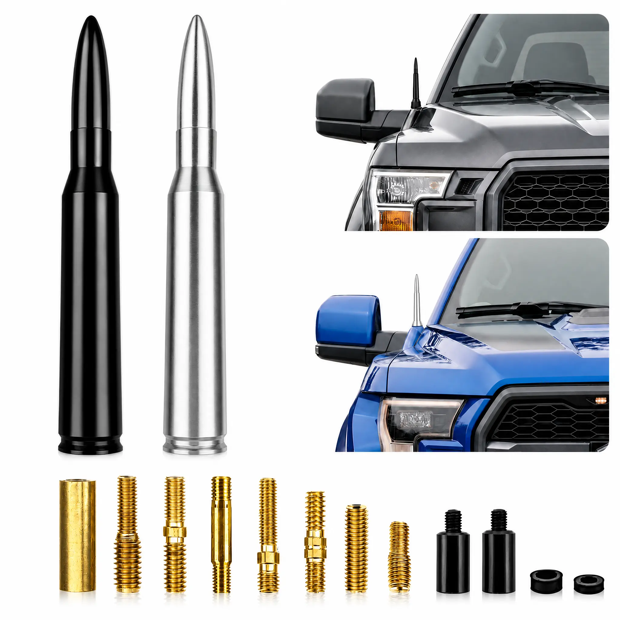 ALUMINUM Alloy Bullet-Style Car Antenna Decoration, Universal Short Antenna Accessory for Cars and Pickup Trucks, Compatible with Ford, Dodge, Chevrolet, GMC, Jeep, Toyota and More