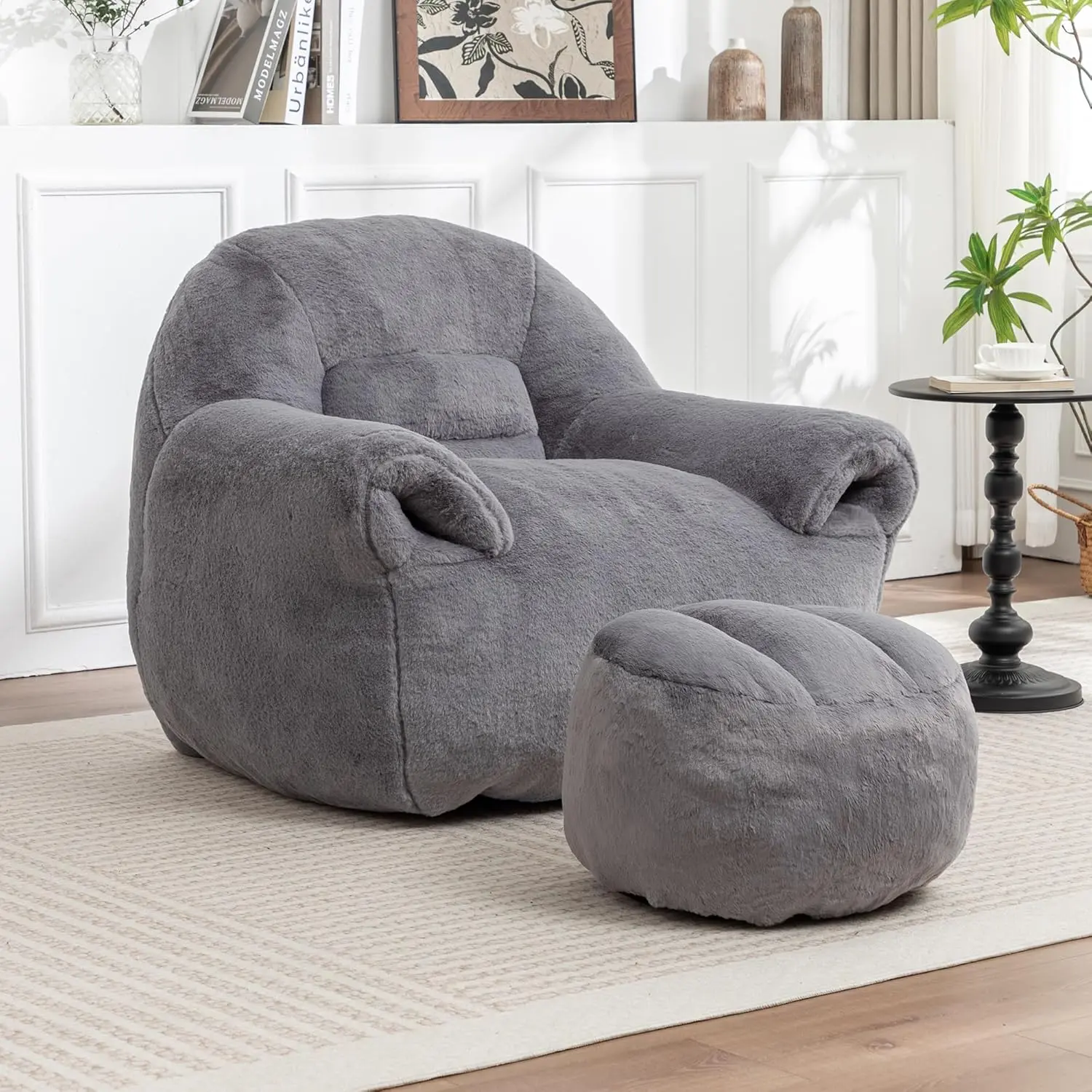 Modern Grey Plush Faux Fur Ergonomic Bean Bag Chair with Back Support - High-Density Foam Filled, 1-Person Adults Indoor Furniture, Footstool Included, Beanbag Couch for Living Room, Bedroom