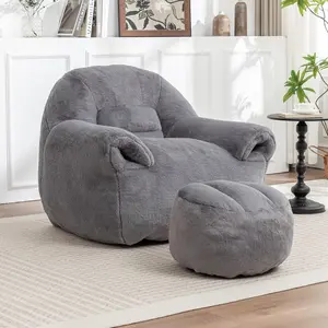 Comfy Faux Fur Bean Bag Chair with Back Support & Footstool - Plush Grey Floor Sofa for Adults, High-Density Foam Filled, Perfect for Living Room, Bedroom, Apartment boneless  sofa  chair Beanbag Seat Beanbag Lounge
