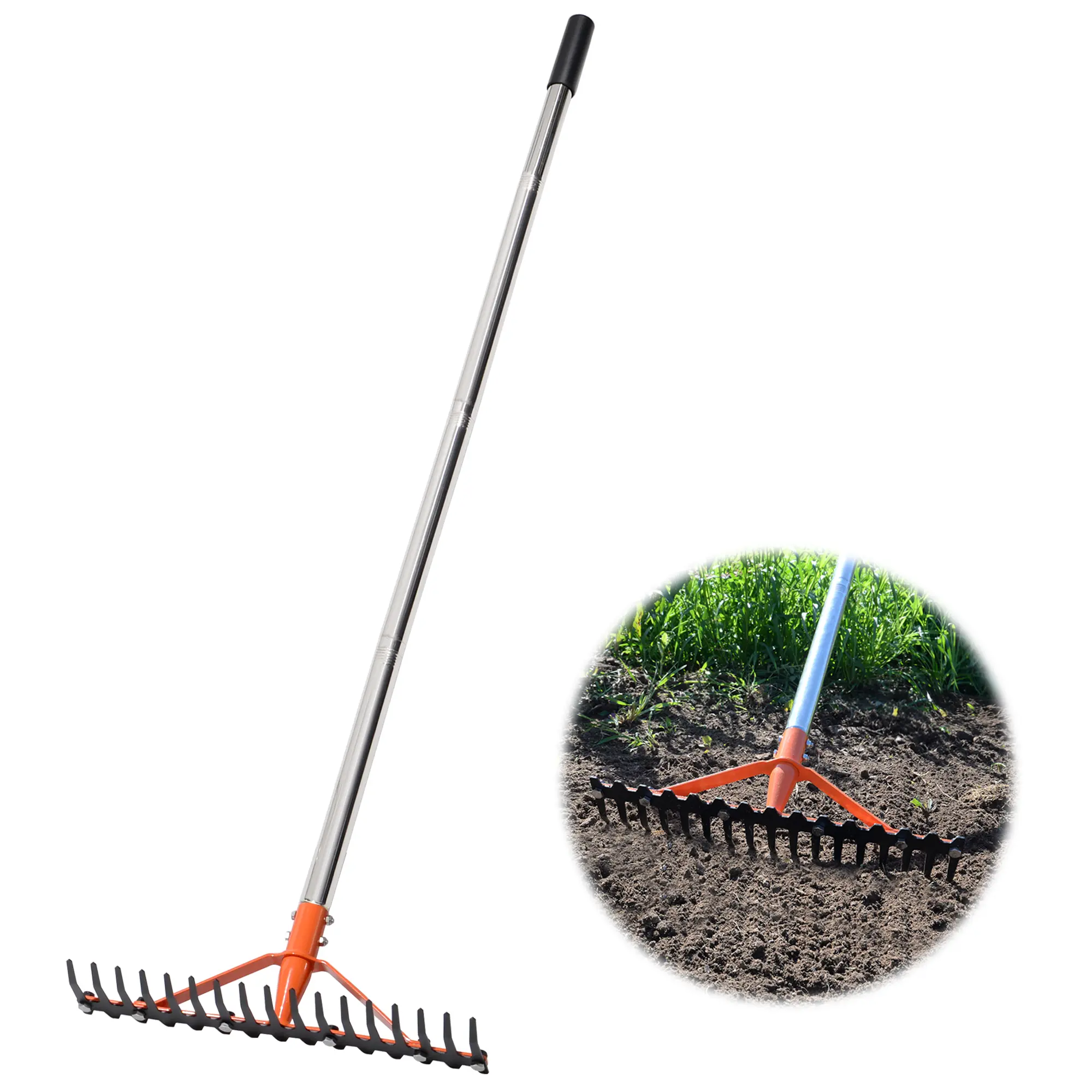 CKLT  62 Inch Bow Rake with Stainless Steel Handle, 17 Tempered Spring Steel Tines Heavy Duty for Loosening Soil Raisedbed Leveling Leaf Thatching