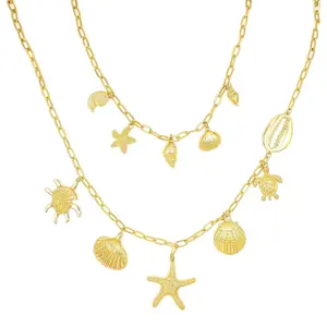 Gold Charm Necklace for Women – Multi-Element Starfish,Shell,Cherry,Bow,Heart,Star,Key,Strawberry,Ect. Charms |   Chunky Choker Necklace Jewelry Gift for Her (Seashell Beachy)