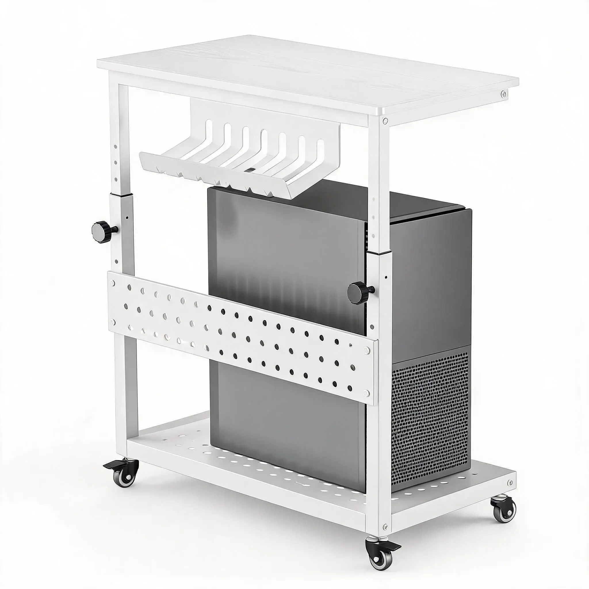 Adjustable 2-Tier Computer Tower Stand with Wheels, Mobile CPU Cart with Cable Management, Hooks and Storage Shelf, Rolling PC Stand for ATX Case, Gaming Setup and Home Office
