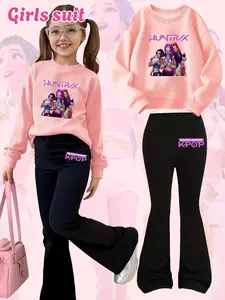 Girls Kpop Demon Hunters Cartoon Print Hoodie & Bell Bottoms Set, Fall Winter Fashion, Comfortable Kids Clothing, Christmas Gift
