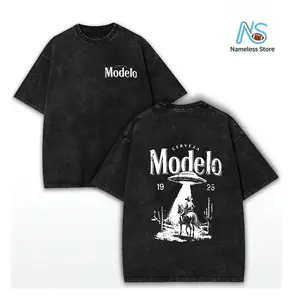 washed Cotton Modelo UFO Cowboy Graphic-Shirt – 230g Heavyweight Vintage Washed Cotton Retro Streetwear Tee With Cerveza Modelo Letter Print, UFO Western Cowboy Desert Scene Design, Y2K Oversized Casual Short Sleeve Men's Summer Fashion