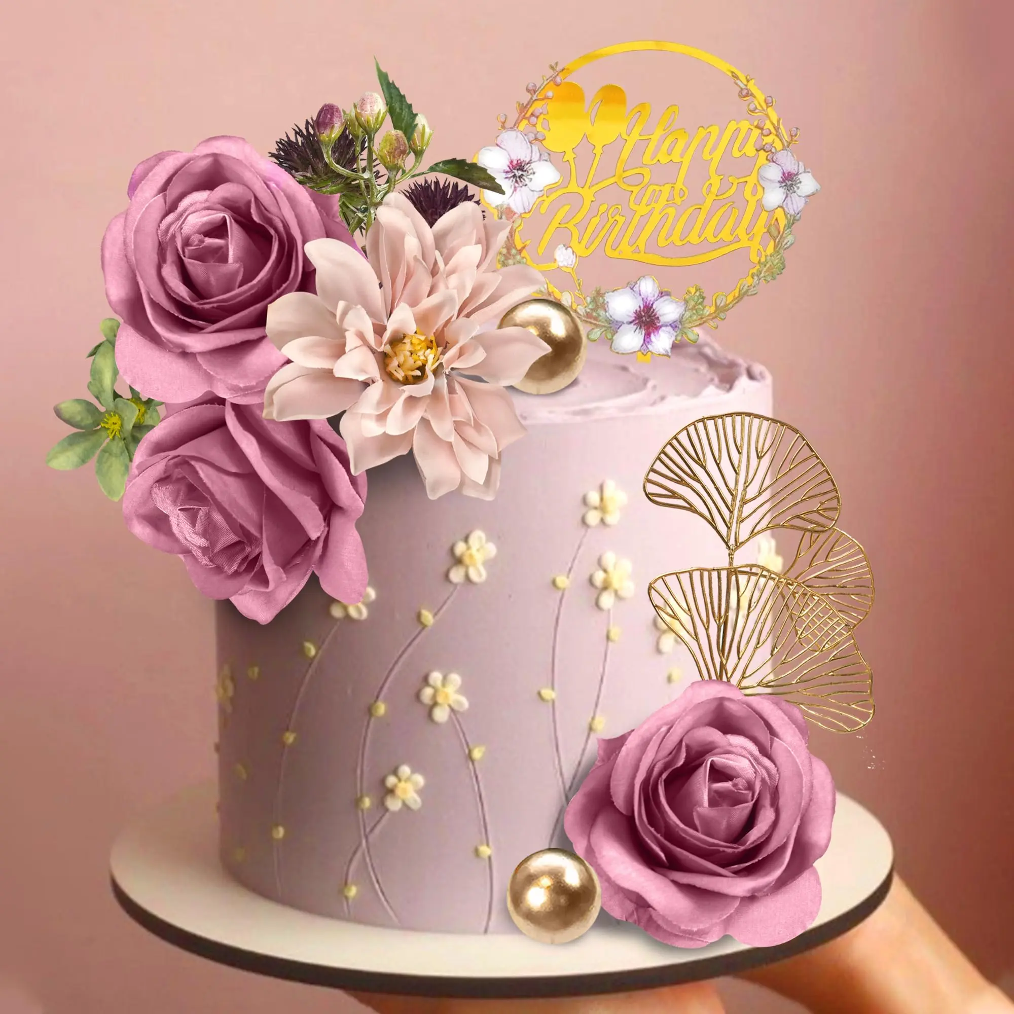 8-Piece Reusable Cake Decorating Supplies - Purple Floral Fairy Silk Roses, Acrylic-Plastic Eucalyptus Leaf Toppers, DIY Toppers for Happy Birthday, Baby Shower, Party (Bakeware Decor Tool for Flower Lovers)