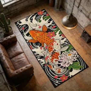 Soft Faux Wool Bedroom Carpet, Vintage Carp Pattern Bedside Mat, Colorful Decorative Rug, Comfortable Minimalist Style