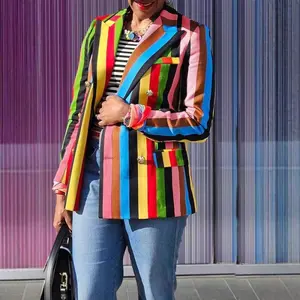 Elegant women’s colorful striped double-breasted blazer, open front, spring and autumn season, beltless, button detail suit sleeves womenswear bridal