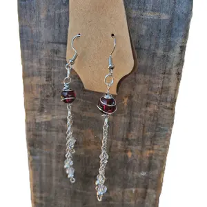 Wire Wrapped Red Beaded Earrings with Dangle - Elegant Silver-Tone Chain & Red Beads for Stylish Accessory