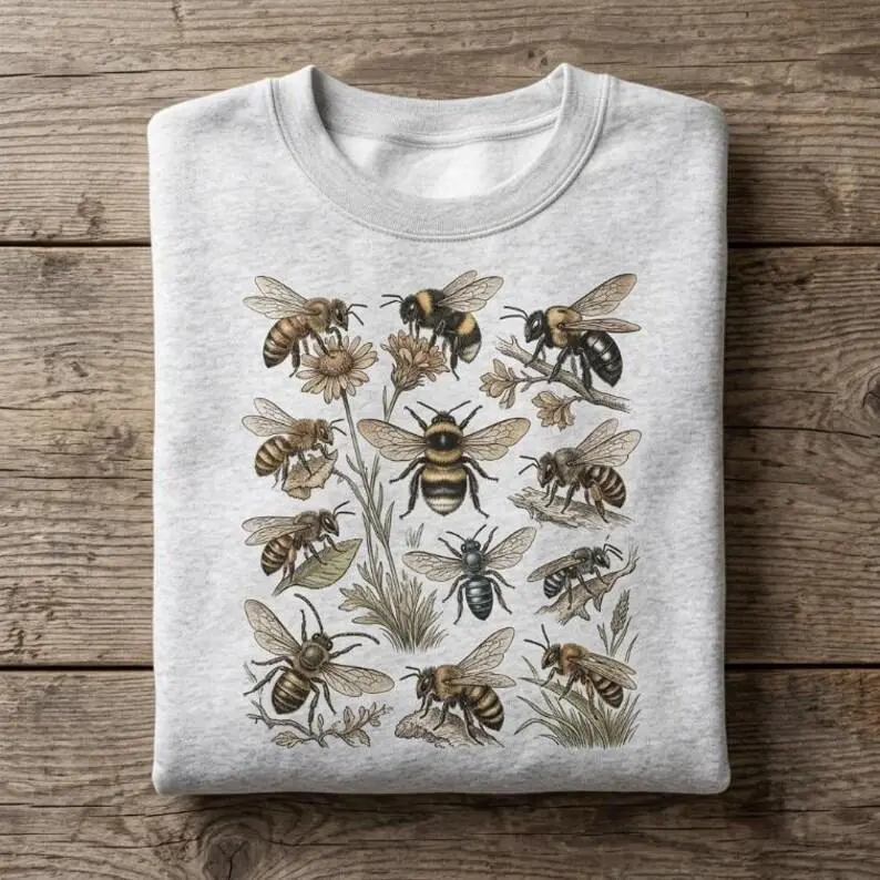 Vintage Bee Shirt Honeybee Sweatshirt Aesthetic Graphic Hoodie Unisex Crewneck Botanical Oversized Tee Cute Nature Lover Gift