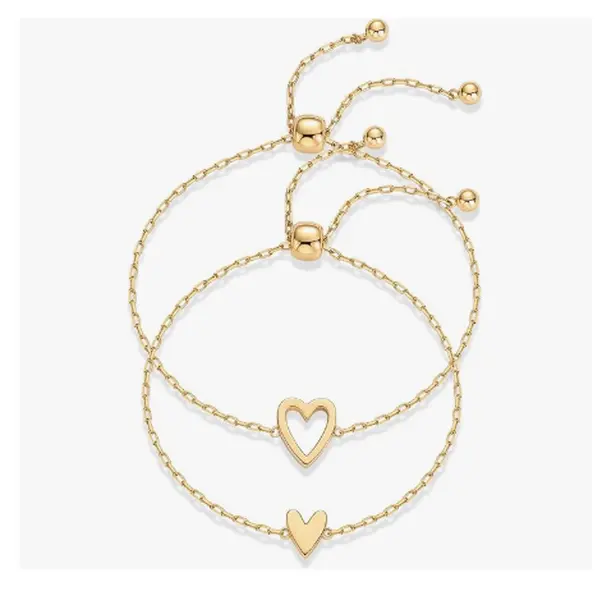 Women's 14 Karat Gold Plated Heart Shaped 2-Piece Fashion Bracelet Set - Adjustable Stack with Solitaire Charms, Dainty Jewelry for Women, Valentine's Day Gifting & Self-Wear (14 Karat Gold Bracelets & Bangles)