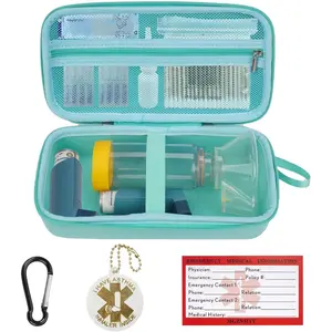 Travel Carrying Case Compatible with Asthma Inhaler Spacer for Adults and Children, Masks, Inhaler Holder with Asthma Alert Tag and Medical Card, Carabiner (Only Case) (Green)