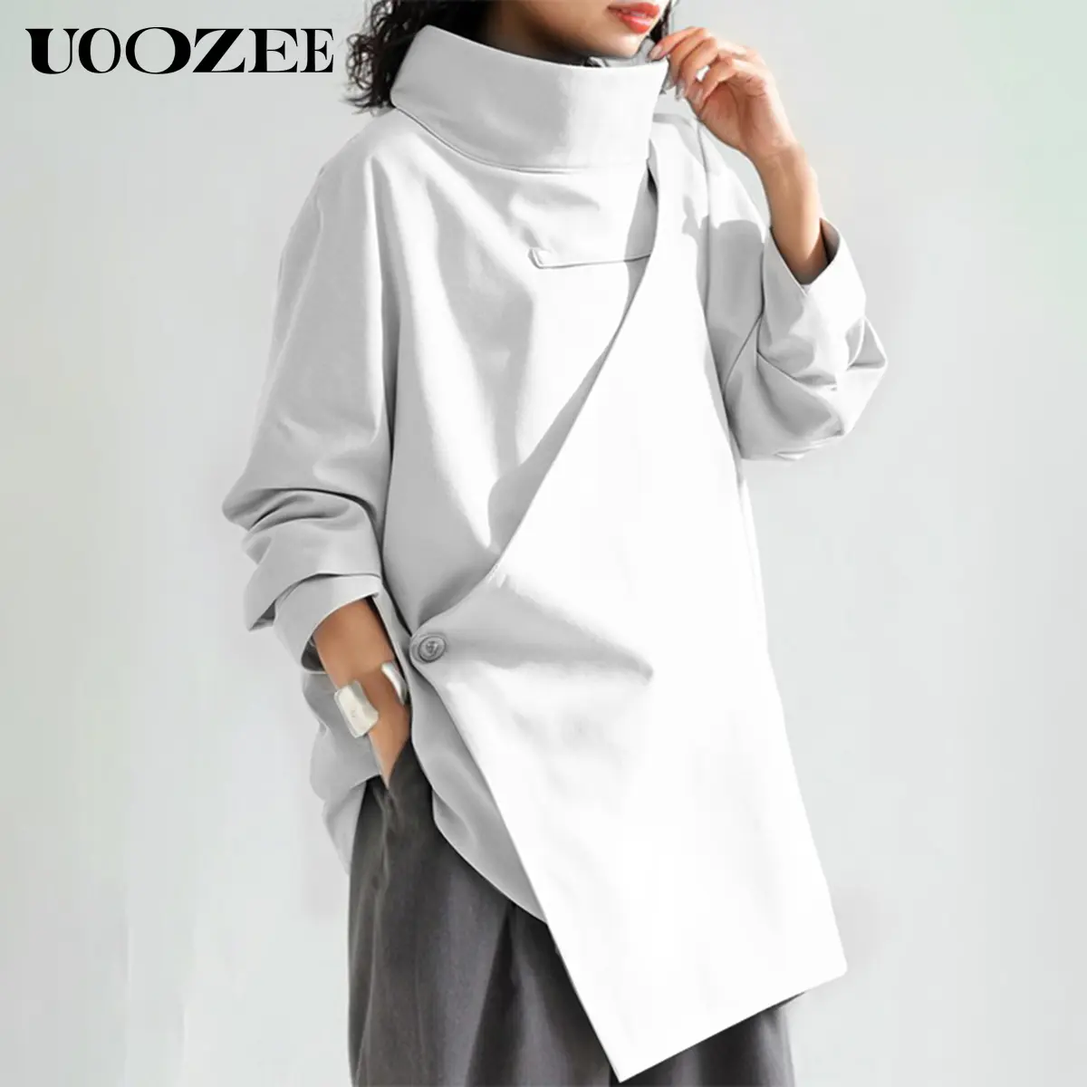 UOOZEE Women's Asymmetrical Turtleneck Wrap Blouse - Solid Smooth Polyester, Long Sleeves, Back Zipper, Buttons, Oversized, Sheer, Casual Basic Plus Size Layering Top - Office Wear, Blazer-Pairing Option (Earrings & Bag Suggestions)