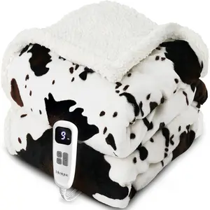 Fast Heating Electric Heated Blanket Throw Soft Flannel with 4 Time Settings 10 Heating Settings Warm Gift for Women Mom Grandma 50"x60" Cow Print White