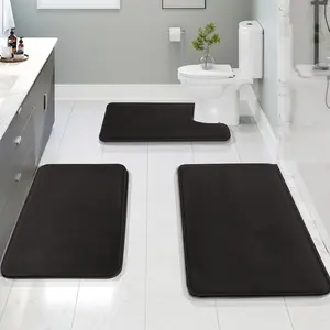3pcs Extra Large Extended Memory Foam Bathmat Set - Non-Slip, Cozy, and Durable Oblong Shaped Mat with U-Shape Design, Toilet Lid Cover Pad, and Soft Polyester Material for Bathroom Decor, Bedroom, Living Room, and Kitchen Area Rugs -  Easy to Clean