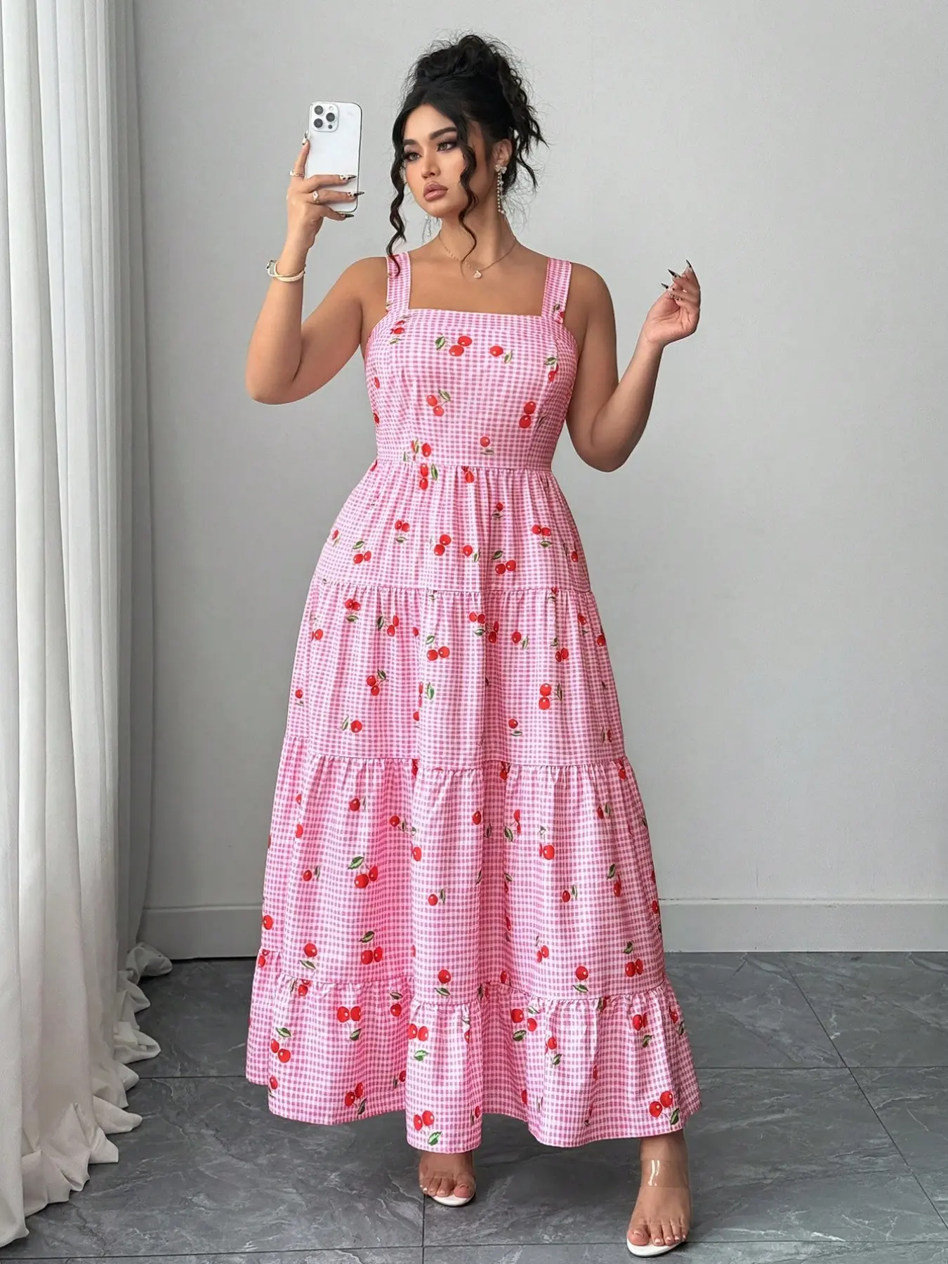 Plus Size Casual Vacation Sweet Plaid Cherry Blossom Print Halter Dress,  Womenswear, Comfortable Summer Fashion, Perfect for Travel and Relaxing -  TikTok Shop