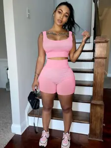 USBoutiqueCHIC Women‘s Ribbed Cropped Top & Shorts Set | 250GSM Knit Two-Piece Outfit, Casual Spring Summer Wear