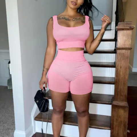 USBoutiqueCHIC Women‘s Ribbed Cropped Top & Shorts Set | 250GSM Knit Two-Piece Outfit, Casual Spring Summer Wear
