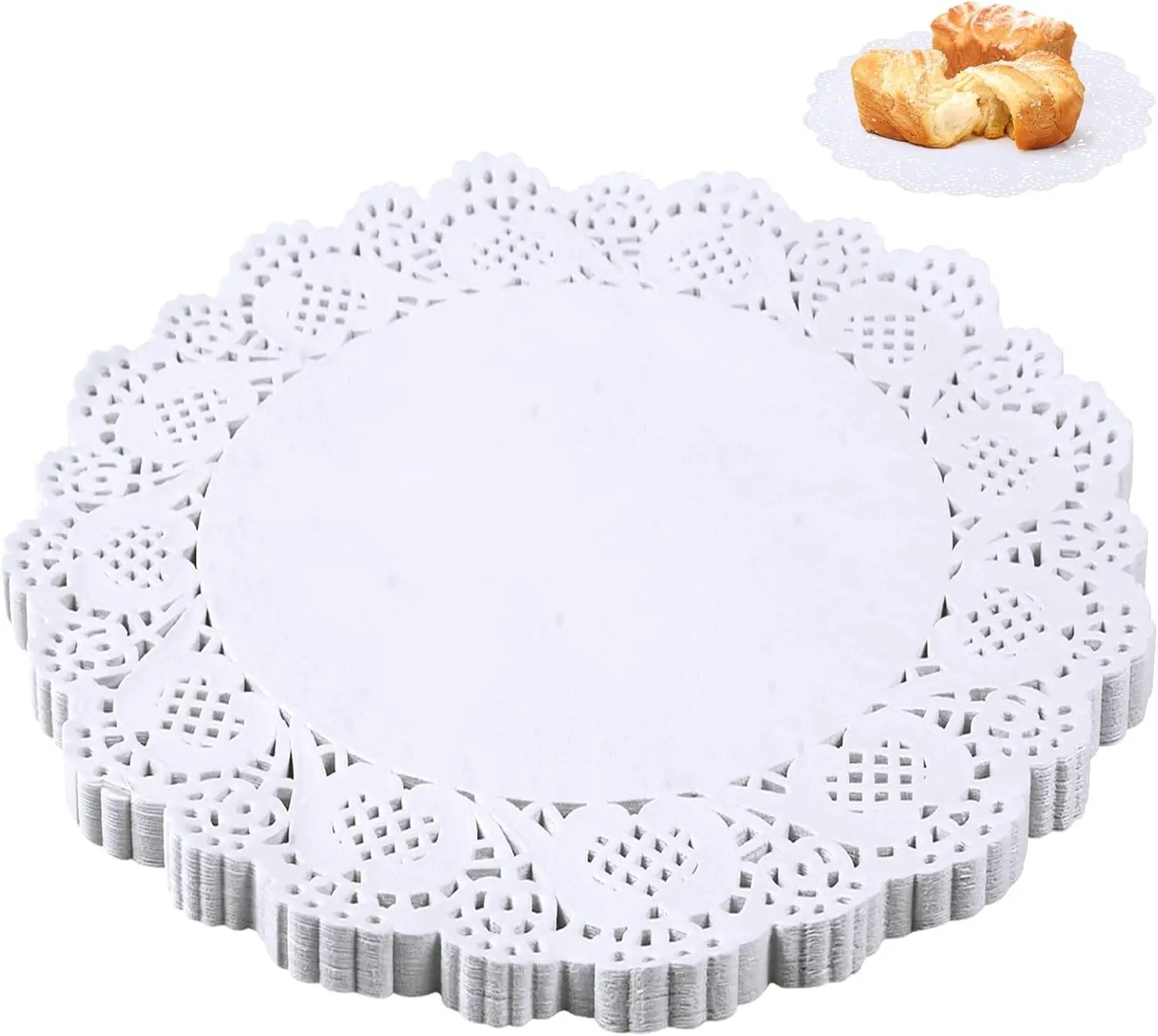 100-Pack 5.5in Thick White Round Lace Paper Doilies, Food-Safe Disposable Tableware, Elegant Birthday Table Decor Liners for Cakes, Bulk Vintage Setting & DIY Craft Supplies