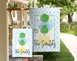 Personalized Topiary Garden Flag Custom Family Name Flag Preppy Spring Porch Decor Blue Bow Floral Yard Flag Classic Outdoor Decor Gift