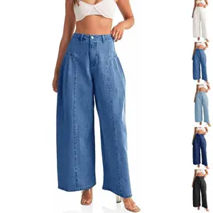 Womens Baggy High Waisted Jeans Loose Boyfriend Wide Leg Side Pleated Denim Pants