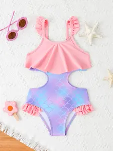Cute Girls' Ruffled Strap One-Piece Swimsuit, Scallop Print Hollow Out Design, Beach Vacation Fashion Swimwear Bathing Suit for Summer Fun