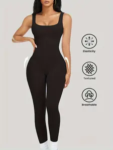 Womens Workout Rompers Jumpsuits Seamless Ribbed Yoga Gym One Piece Sleeveless Square Neck Tank Top Leggings Unitard Sporty Comfy Jumpsuit