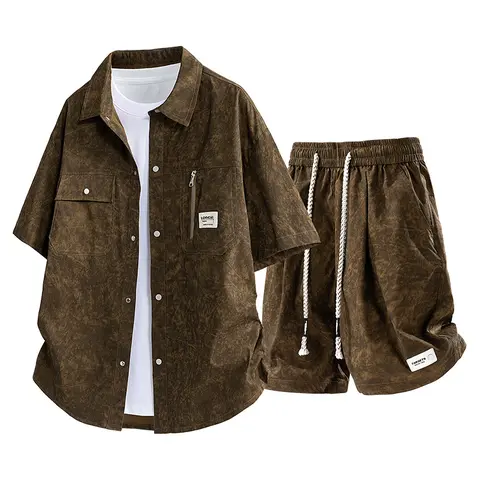 Men's 2-Piece Outfits, 2026 Hot Style Retro Detroit Look Short Sleeve Shirt & Drawstring Shorts Set, Brown Corduroy American Cleanfit Tie-Dye Workwear 2-Piece Sets