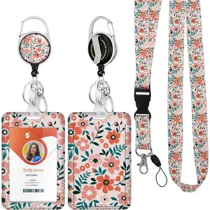 ID Badge Holder with Lanyard Retractable ID Badge Card Holder Detachable Neck Lanyard Strap with Badge Reel Vertical ID Holder for Nurse Students Teachers Office Staff Flower Pink