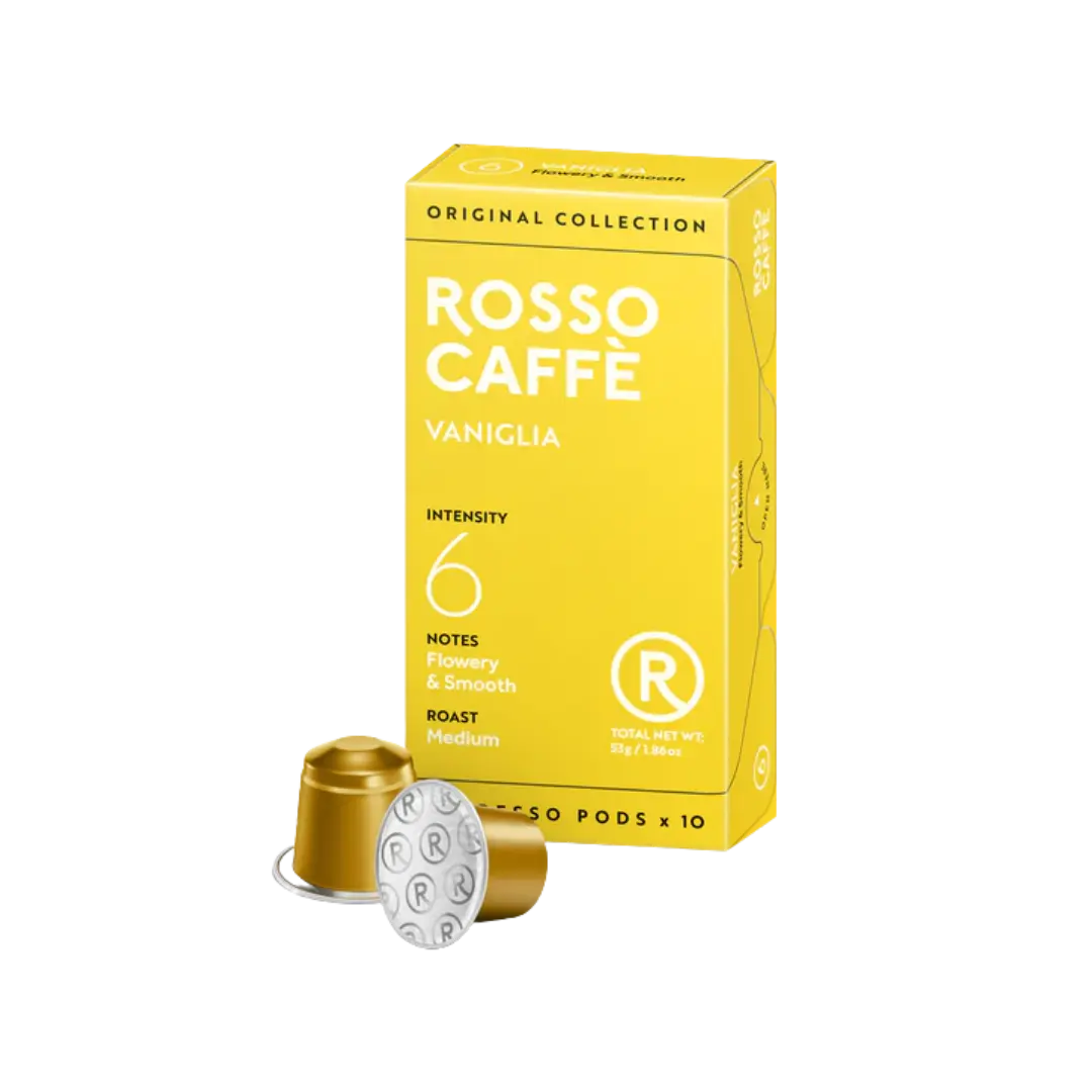 Rosso Caffè Vaniglia Espresso Pods - 10 Aluminum Capsules Pack Medium Roast with Vanilla & Walnut Notes Fluffy Smooth Flavor