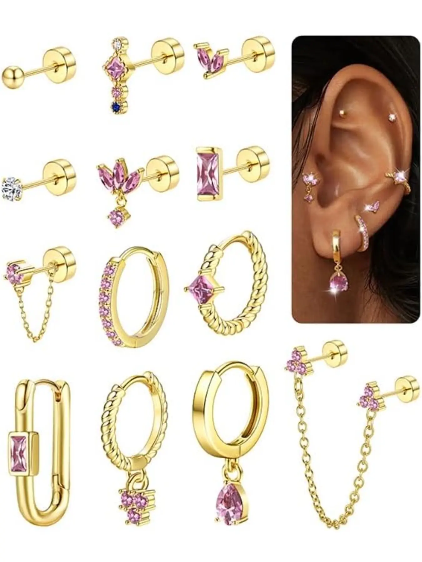 Stud Earrings Small Gold Huggie Hoop Shape Earrings Set for Women Flat Back Earring Hypoallergenic Cartilage Earring Lightweight Dainty 14K Gold Stud Earrings Earring Stack for Multiple Piercing Set