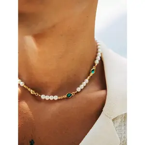 1pc Vintage Green Cubic Zirconia Inlaid Faux Pearl Necklace Men's Daily Casual Accessory