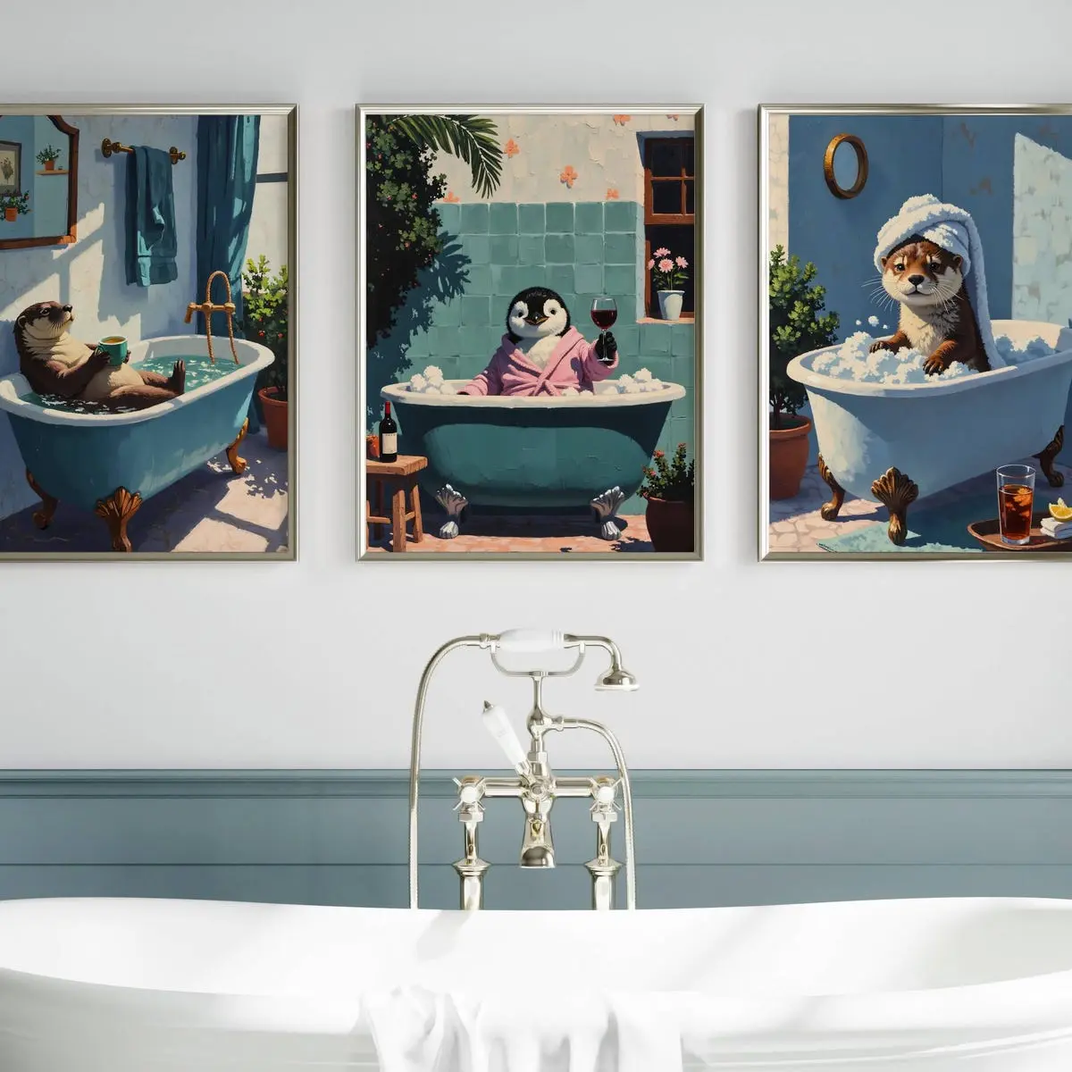 Funny Quirky Bathroom Wall Art Set of 3 – Cute Animal Prints with Drinks, Playful Whimsical Bathroom Decor | Room Decor, Unframed