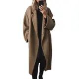 Chouyatou Lady's Winter Double-Breasted Long Wool Fabric Coat - Black, Casual Notched Lapel, Thermal, Sweater-Inspired Sleeves, Basic Womenswear for Daily & Office Wear, Minimalist,back to school,back to school shopping, Solid