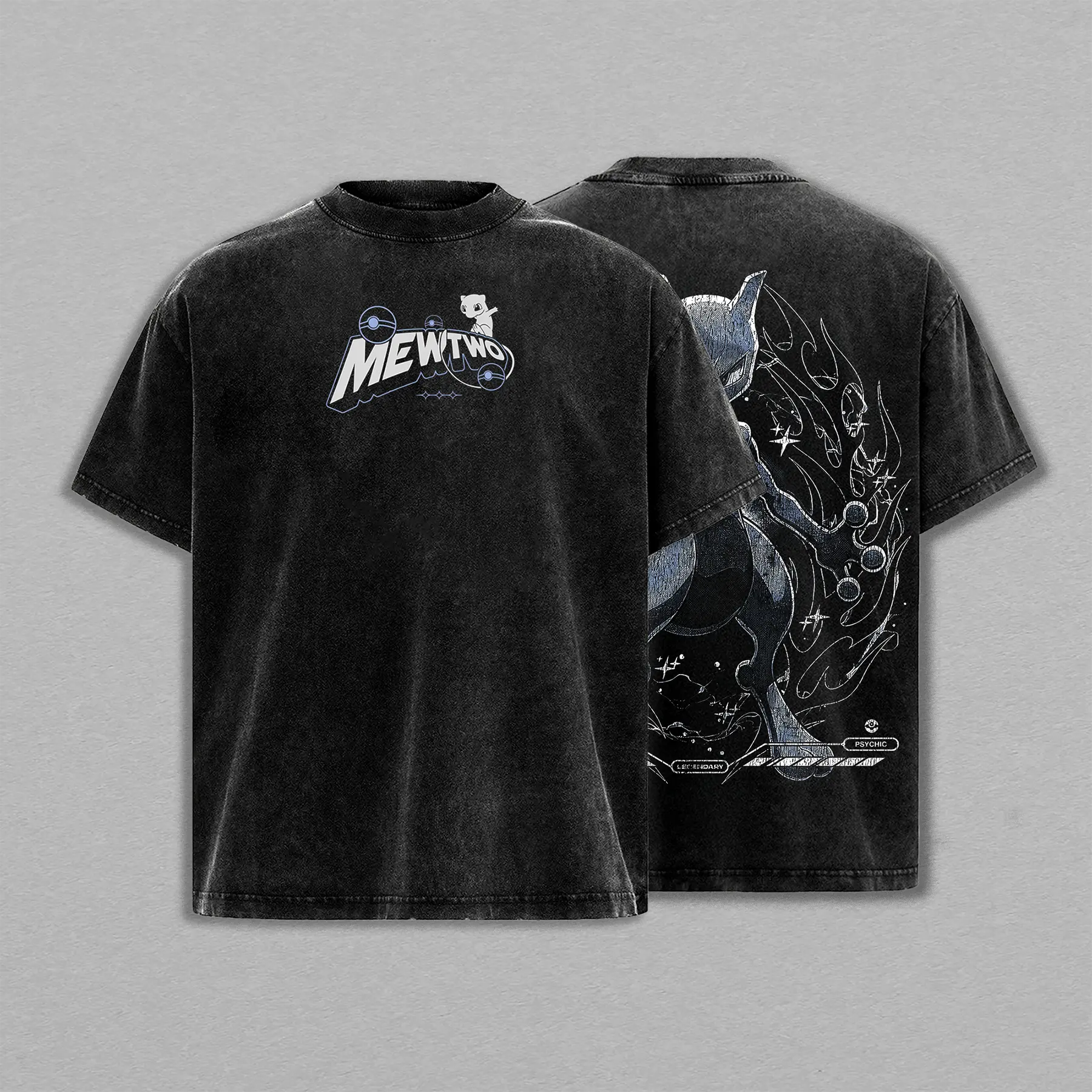 Mewtwo PKM Anime Double Printed Vintage Washed Tee Unisex Oversize Anime Manga Washed Heavyweight Cotton T-shirt