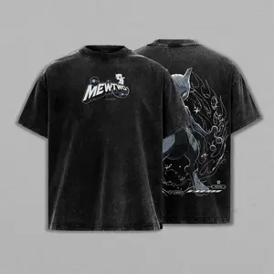 Mewtwo PKM Anime Double Printed Vintage Washed Tee Unisex Oversize Anime Manga Washed Heavyweight Cotton T-shirt