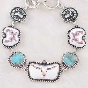 Western Steer Concho Bracelet with Turquoise Accents and Toggle Closure 7.4 to 8 Inches