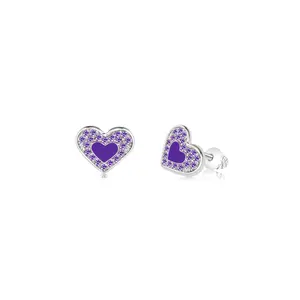 Heart Purple Crystal White Gold Palladium Plating Hypoallergenic Kids Screwback Stud Earrings Surgical Titanium Posts