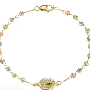 14k Oro Laminado San Judas Tadeo Pulsera Bracelet with Tri-Color Beads and Green Leaf Charm