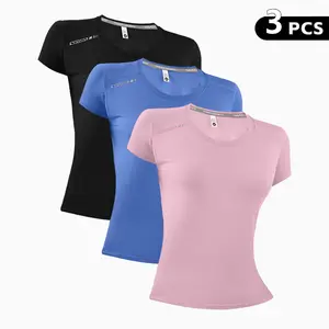 Women’s 3-Pack Letter Print Knit Yoga T-Shirts for Spring/Summer, Sweat-Wicking, Quick-Dry, Breathable, Crew Neck Short Sleeve Outdoor Fitness Wear