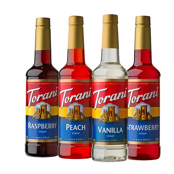 Flavored Drink Syrup Soda Shop Variety Pack Raspberry Peach Vanilla Strawberry 25.4 Fl Oz Bottles Set of 4