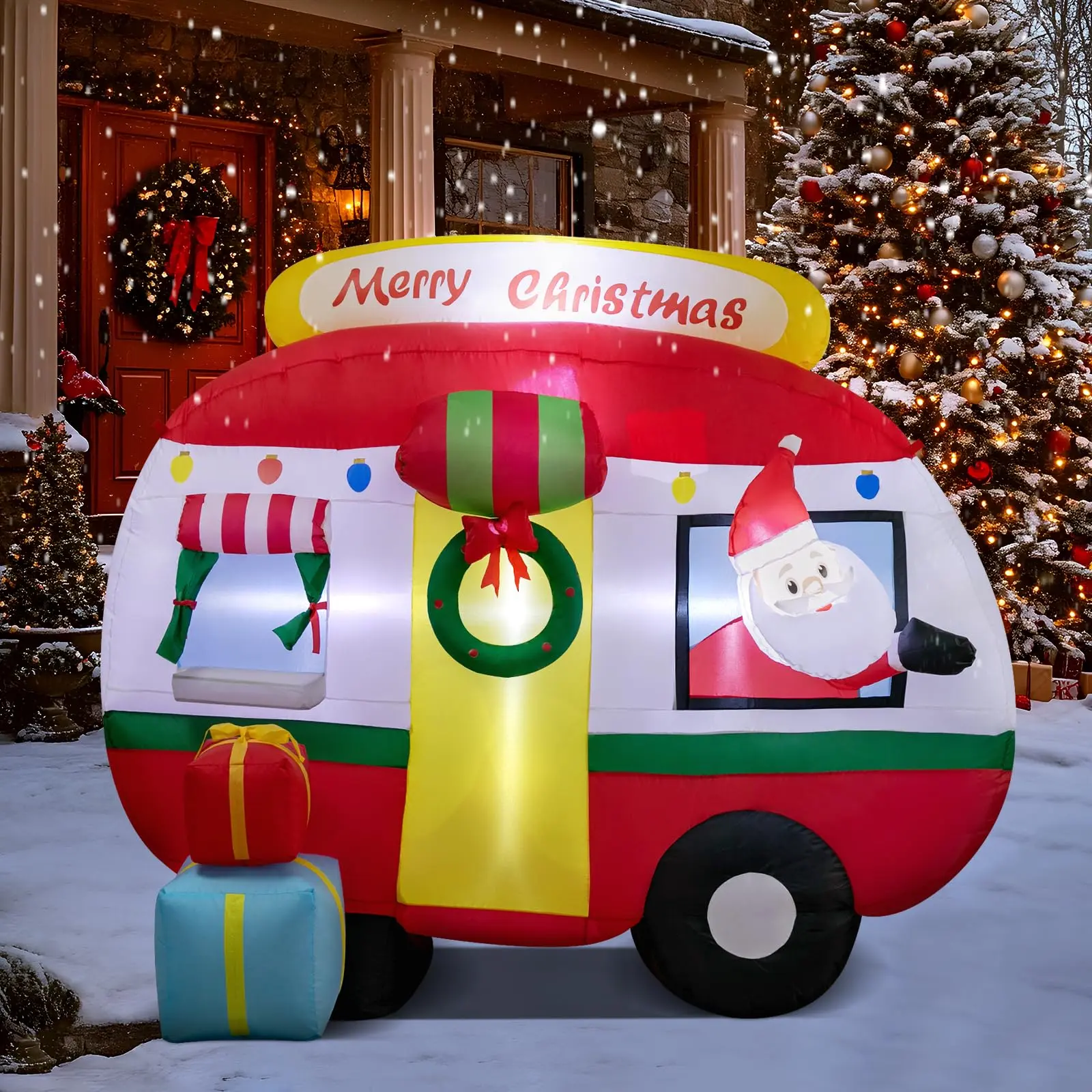 7 FT PVC LED-Lit Christmas Inflatable Contemporary Irregular Santa on Minibus Decoration - Plug-Powered, Weather-Resistant, with Power Adaptor & Built-In Blower, Easy Install, Adult & Family Floor Mount Garden Holiday Outdoor Lawn Decor