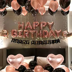 45-Piece Rose Golden "Happy Birthday" Banner Aluminum Foil Balloon Set - Includes Rose Golden & Black Latex Balloons, Heart Foil Balloons, and Black "Happy Birthday" Banner. Perfect for Birthday Parties, Family Gatherings, Weddings, Graduations