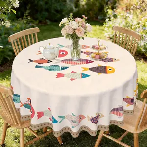 Vintage Colorful Geometric Fish Print Round Tablecloth, 120g/m² Polyester, Furniture Protector, Party Decor, Hotel Restaurant Home Use