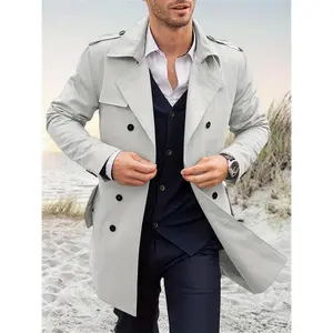 Men's Classic Trench Coat - Double-Breasted Notched Lapel, Windproof Pea Jacket with Pockets, Solid Tan, Casual Style for Spring & Fall, Spring Jacket |   Sophisticated Style |   Durable Windbreaker